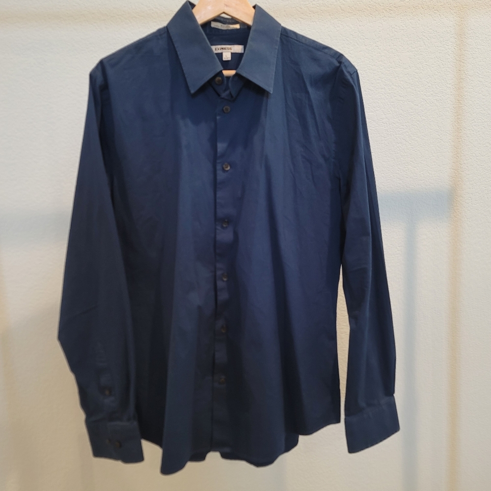 Express 1MX Navy Blue Button Down Fitted Stretch Cotton Dress Shirt